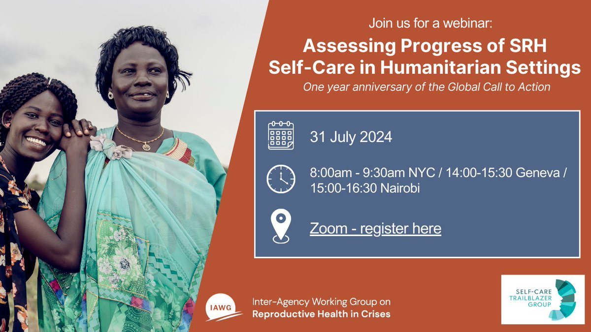 👀 1yr ago, a Global Call to Action for Sexual and Reproductive Health Self-Care in Humanitarian and Fragile Settings launched.

Join this event to hear from great speakers about progress on the CtA, gaps + priorities moving forward. 

#sexualhealth #humanitarian #SRH