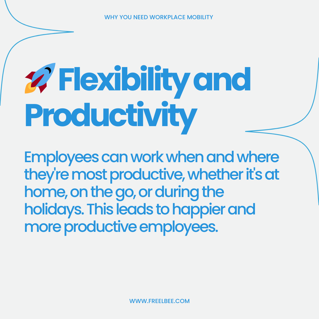 freelbee_'s tweet photo. Why You Need Workplace Mobility: Part 1 🤳

Workplace mobility unlocks a world of flexibility and productivity for both your employees and your business. 

Benefits? Scroll to see!

#workplacemobility #remotework #productivity #collaboration #business #futureofwork https://t.co/TUomH4oWt2