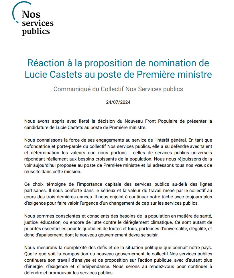 nosservicespub's tweet photo. Retrouvez notre communiqué sur la proposition de nomination de @CastetsLucie au poste de Première ministre 🔽 https://t.co/L5536RW3Nd