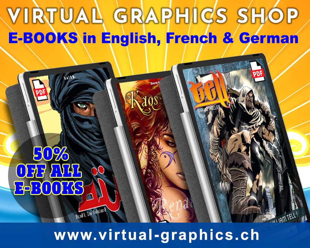 The new Virtual Graphics Shop is open. Graphic Novel E-Books in English, German and French. Exclusive 50% Summer discount on all E-Books until late August. 
☀️☀️☀️
virtual-graphics.ch

#games #graphicnovels #comicbooks #originalart #videogames #shop #discount #gaming #books
