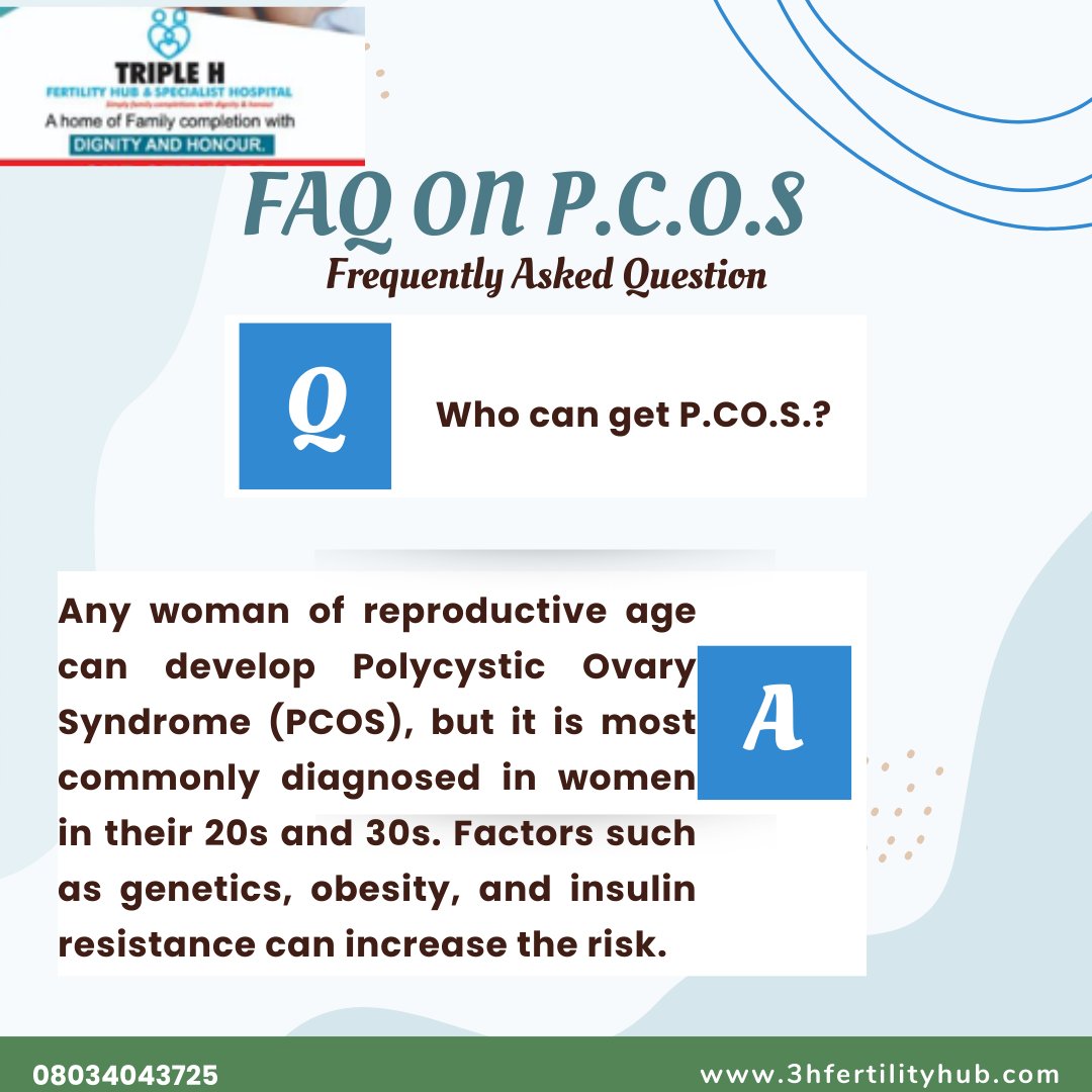 3hfertilityhub's tweet photo. Common F.A.Qs on P.C.O.S

Who can get P.C.O.S
Ans: Any woman of reproductive age can develop Polycystic Ovary Syndrome (PCOS), but mostly in women in their 20s and 30s. 

Book an appointment with us today to see for early detection on 08034043725.
#pcos #infertility  #Corpers https://t.co/6F6VNEMi2B