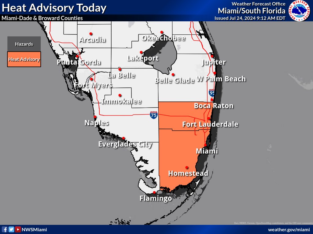 .<a href="/NWSMiami/">NWS Miami</a> has issued an Excessive Heat Advisory in #OurCounty until 7 p.m. today. 

As a result, #MiamiDadeEM has initiated the Excessive Heat Policy and Procedure. 

Select locations have been designated as cooling sites: bit.ly/46kLDx4