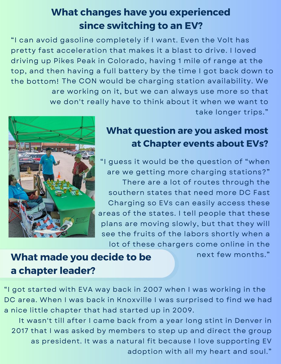 ⚡KEVA Spotlight⚡
We interviewed Knoxville EV Association President Eric Cardwell about his experience as an #EV driver and leader of a drive electric chapter!🚗🔌
Chapter leader interviews will be published on the DET website at the end of the month!
#DETMonth #DriveElectricTN