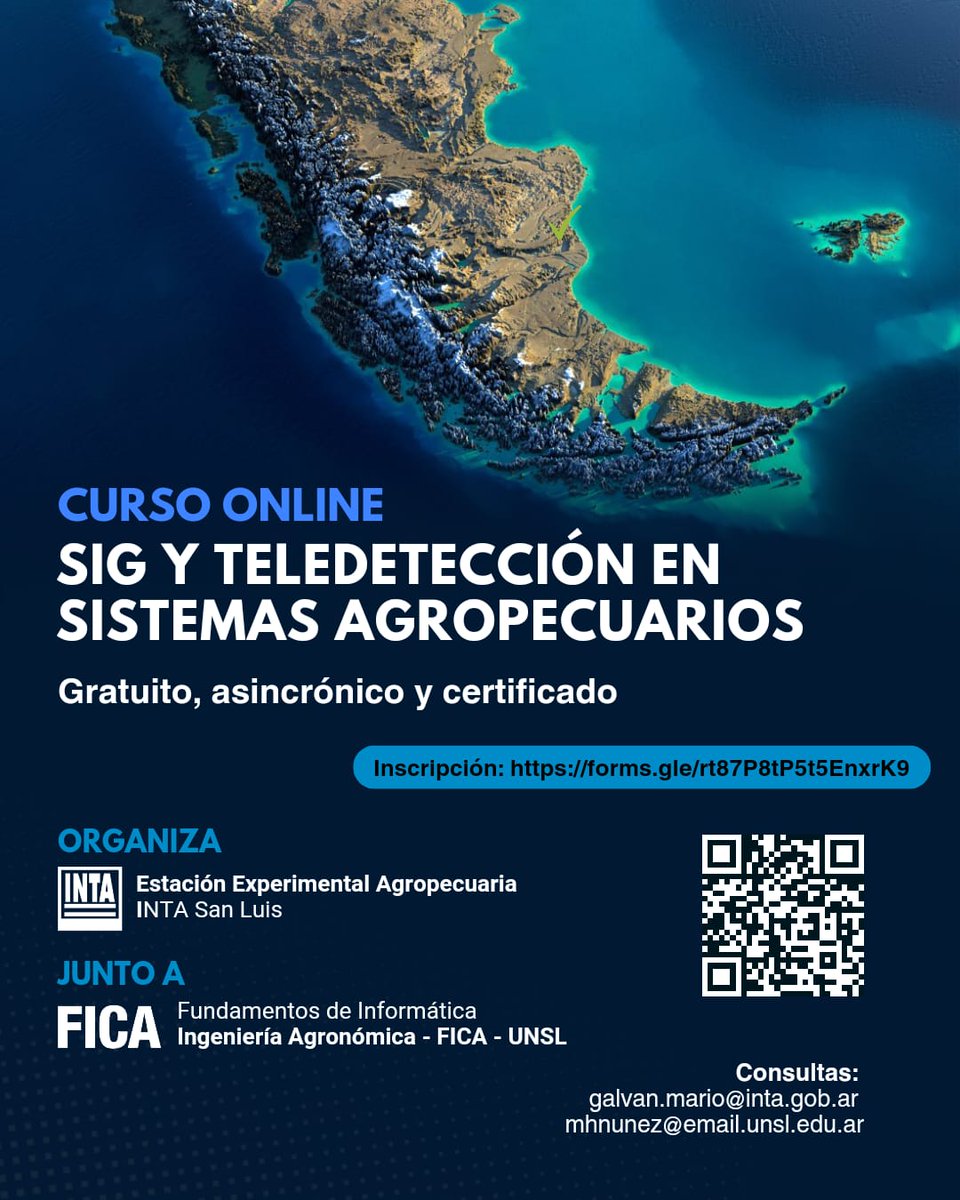 📚 Curso: SIG y Teledetección en Sistemas Agropecuarios. IV edición
👥 Organiza: EEA INTA San Luis
🌐 Modalidad: Virtual y Asincrónica (moodle4vz.unsl.edu.ar/moodle/)
📝Inscripción: forms.gle/rt87P8tP5t5Enx…
💡 Curso gratuito y certificado