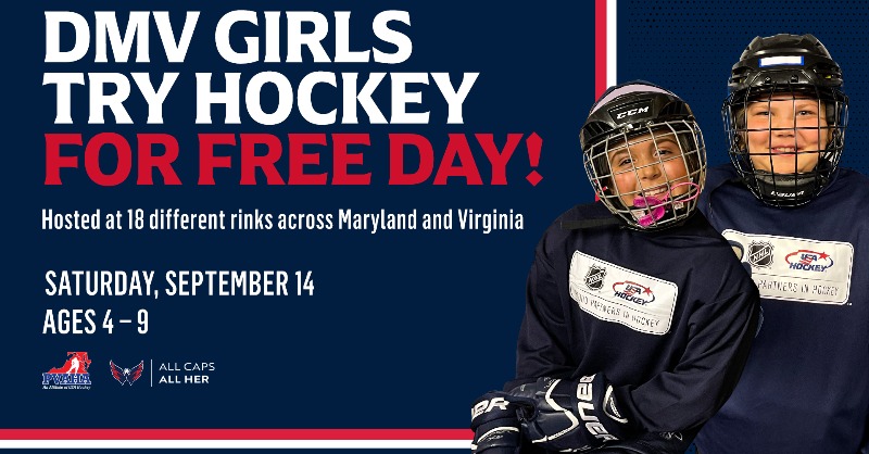 Capitals's tweet photo. Join us on Saturday, Sept. 14 for our second annual DMV Girls Try Hockey For Free Day at 18 rinks across Maryland and Virginia!
The joint effort between @CapsYouthHockey, @MSEFndn, #PVAHA, and various youth hockey organizations introduces girls ages 4-9 to hockey at no cost.