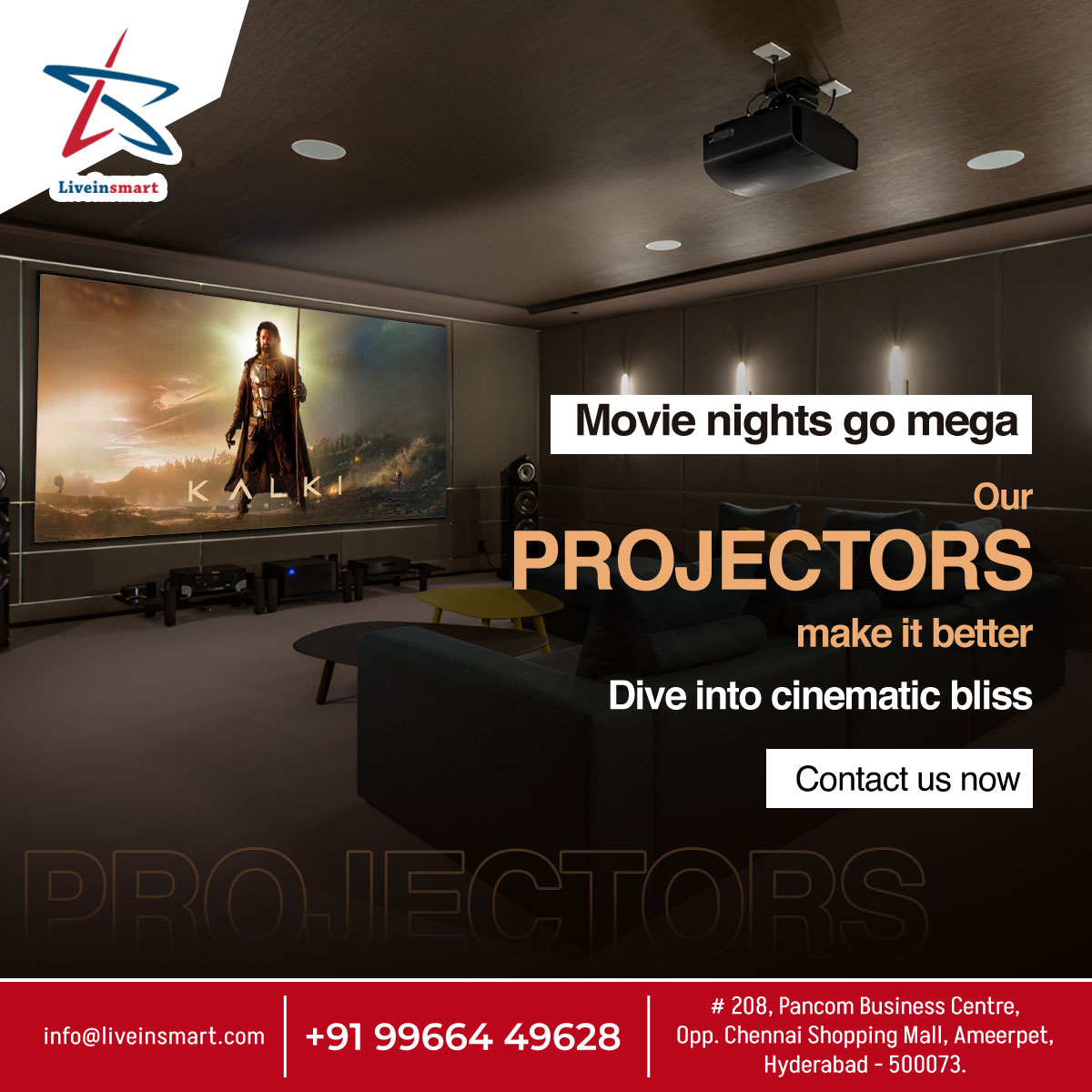 liveinsmart1's tweet image. Transform any room into a theater with budget-friendly movie projectors. Experience big-screen entertainment without breaking the bank.

contact: 9966449628
Visit us at:liveinsmart.com

#HomeCinema #ProjectorSolutions #ImmersiveSound #CinematicExcellence #LiveinSmart