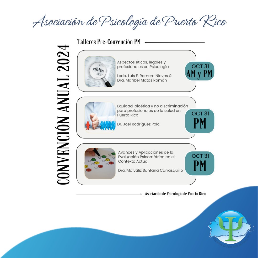 ¡Te presentamos los talleres pre-convención de nuestra 71ª Convención Anual! 📷 Este año, el tema es "Proyectos Psicológicos Innovadores para el Desarrollo Sostenible de Puerto Rico". 📷📷

Inscríbete ahora aquí: form.jotform.com/241795664512867