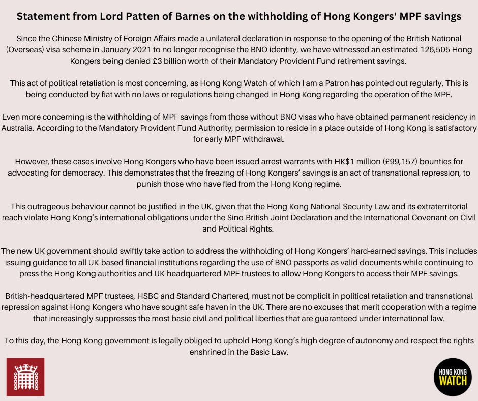 hk_watch's tweet photo. Statement from Lord Patten of Barnes on the withholding of Hong Kongers' #MPF savings ⬇️

https://t.co/TrmMQ7rK86 https://t.co/YsWHDPtZva