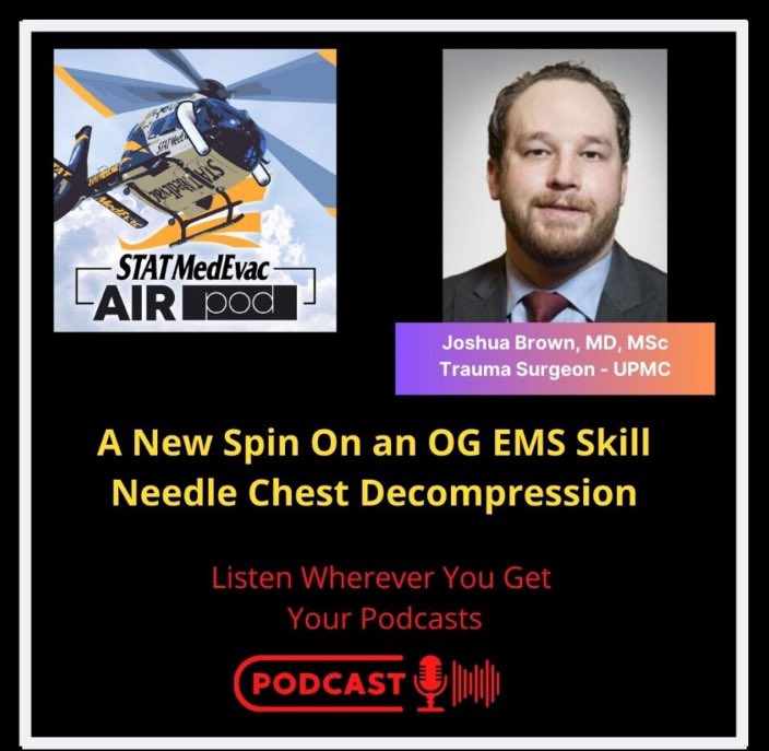 STAT MedEvac (@stat_medevac) on Twitter photo This podcast, we talk about the OG EMS skill, needle chest decompression. UPMC-Presbyterian trauma surgeon, Joshua Brown, MD MSc overviews the latest research.
You can listen to the podcast on our website or wherever you listen to podcasts ➡️ statmedevac.com/blog/needle-ch… This podcast, we talk about the OG EMS skill, needle chest decompression. UPMC-Presbyterian trauma surgeon, Joshua Brown, MD MSc overviews the latest research.
You can listen to the podcast on our website or wherever you listen to podcasts ➡️ statmedevac.com/blog/needle-ch…