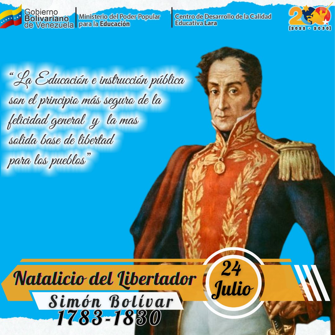cdcelara's tweet photo. #24Jul ¡Natalicio de Simón Bolívar, Libertador de América Latina!

Hoy conmemoramos la valentía y el legado de una figura histórica, quien luchó incansablemente por la libertad y la unión de los pueblos.

#CunaDeLibertadores
@NicolasMaduro
@MPPEDUCACION
@_LaAvanzadora https://t.co/l7NoVqgnSw