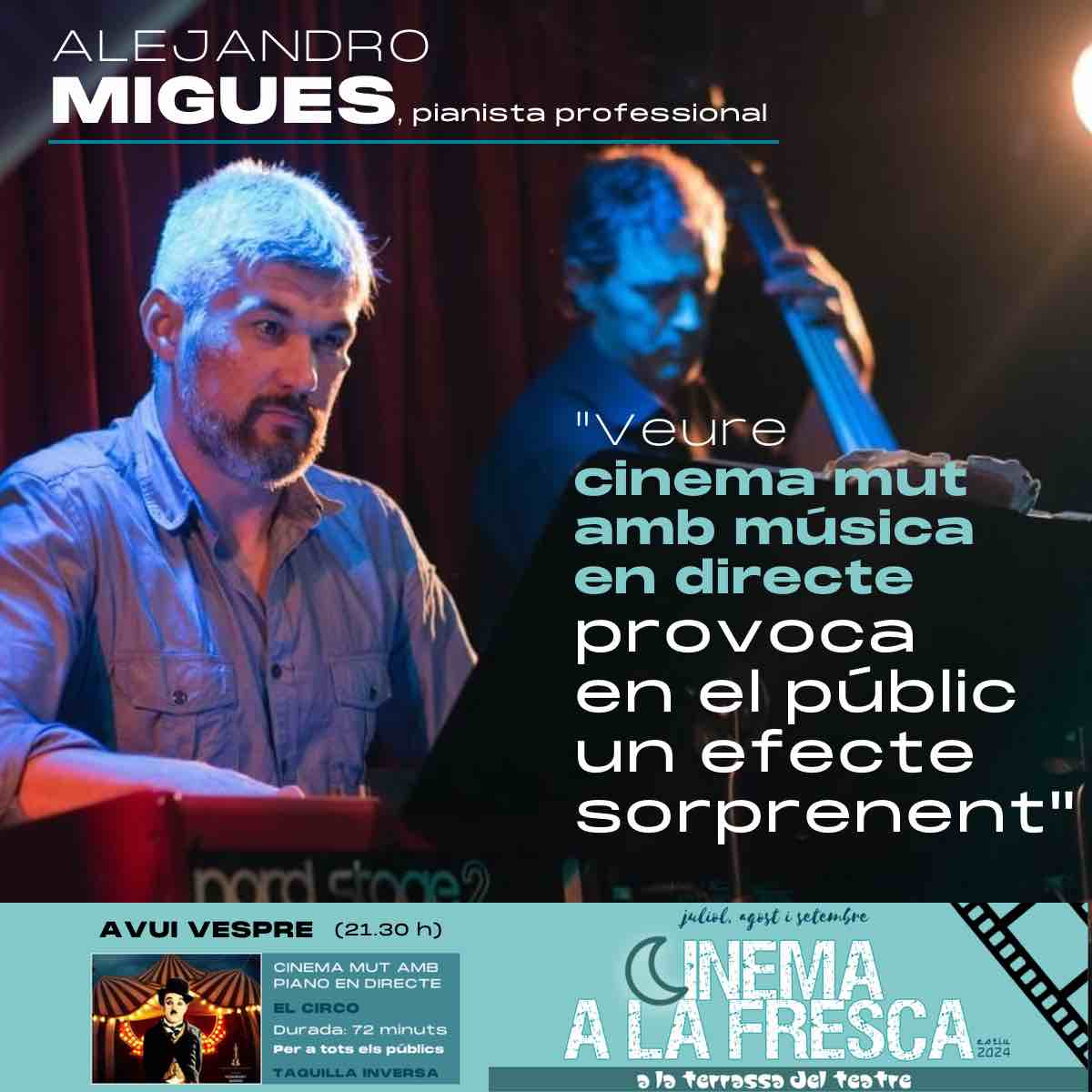 🎬🌙Amb motiu del cicle de #CinemaALaFresca a la terrassa del Teatre d'#Artà, els espectadors tendran l'oportunitat també de gaudir de pel·lícules mudes acompanyades musicalment d'un 🎹pianista en directe: Alejandro Migues.
👉Avui vespre (21.30 h), 'El Circ' de Charles Chaplin.