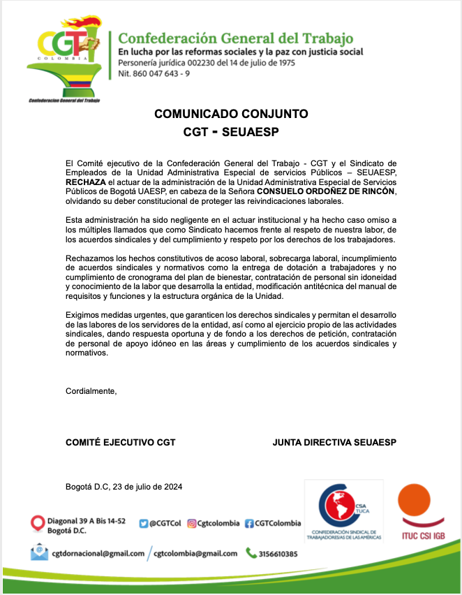 CGTCol's tweet photo. Doctora, @consuelordonez,
Directora, @Uaesp
   
Cumplir con las reivindicaciones laborales acordadas por los trabajadores y trabajadoras con la entidad, no está en su discrecionalidad, es una obligación constitucional.

La CGT denuncia acoso laboral en la @Uaesp, sobrecarga laboral e incumplimiento de acuerdos.

Damos curso y escalamos denuncia al @MinTrabajo @GloriaRamirezRi. 

Toda la CGT del país respalda a nuestros compañeros y compañeras de la @Uaesp.
