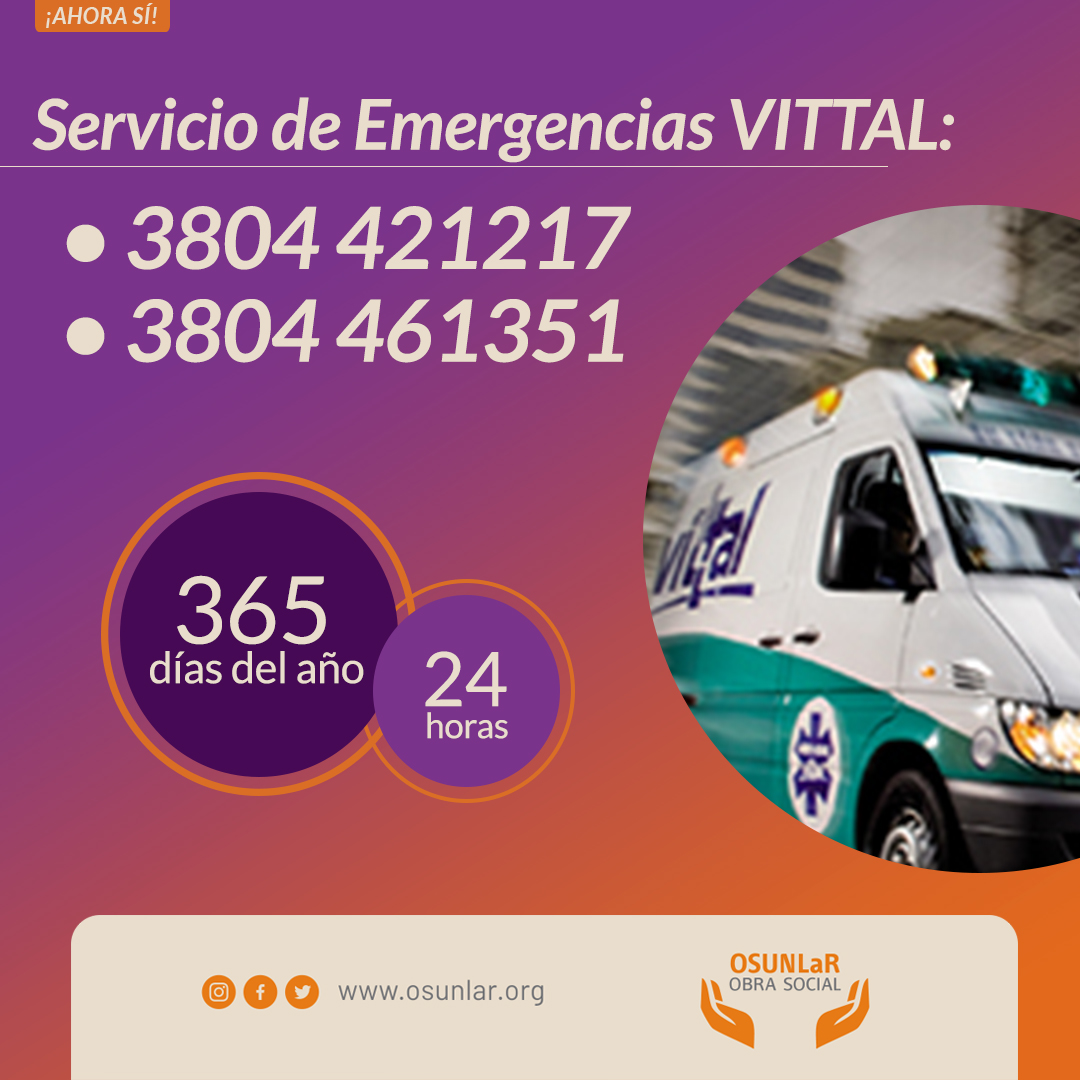 osunlar's tweet photo. 📣 Cobertura de emergencias y urgencias a través de VITTAL

📲 Quienes deseen solicitar atención de VITTAL, se deberán comunicar a los siguientes números:
• 3804421217
• 3804461351

🧡 ¡Cuidamos tu salud! https://t.co/wMWQTs6fIQ
