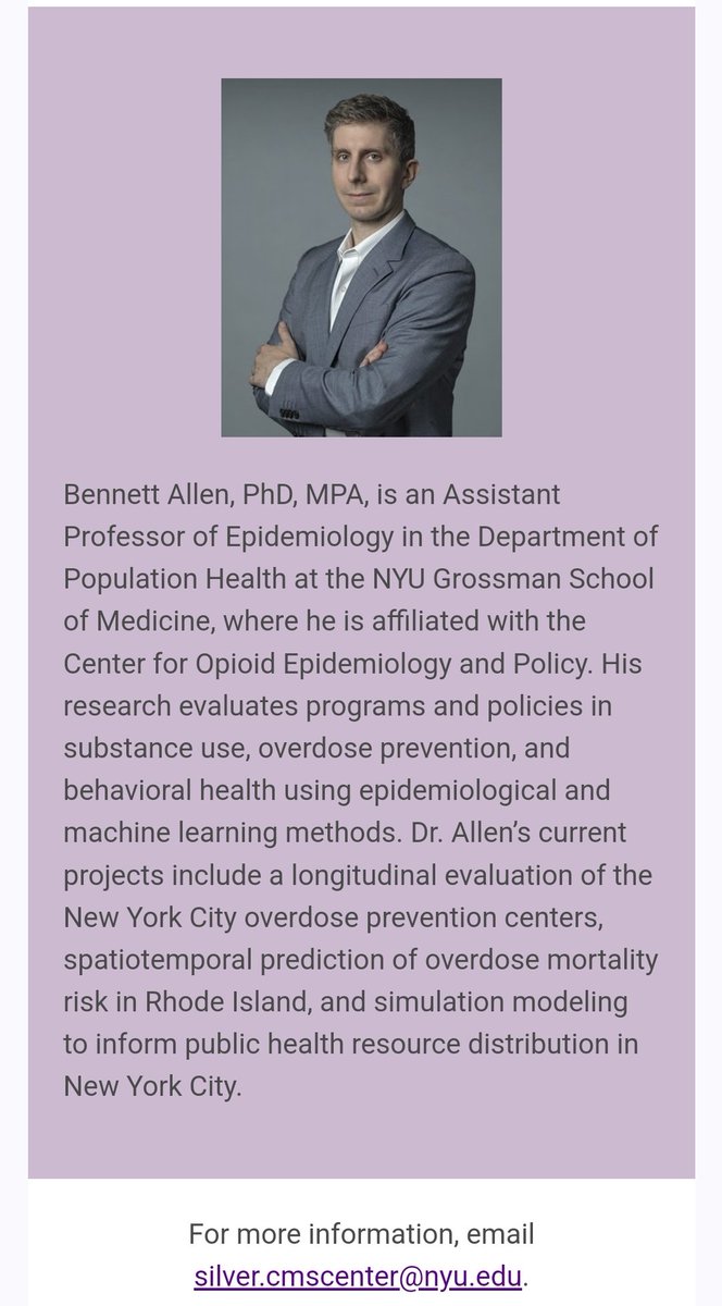 ๐+๐ ๐๐ข๐ฅ๐ฏ๐๐ซ ๐๐๐ง๐ญ๐๐ซ @๐๐๐ (@cmscenternyu) on Twitter photo ๐ฃJoin us on Sep 30th:
Dr. Bennett Allen, an Assistant Professor <a href="/pophealthNYC/">Population Health</a>, will talk about "Integrating data science, public health, and social work to drive equitable and impactful behavioral health service delivery"
โถ๏ธRegister: docs.google.com/forms/d/e/1FAIโฆ ๐ฃJoin us on Sep 30th:
Dr. Bennett Allen, an Assistant Professor <a href="/pophealthNYC/">Population Health</a>, will talk about "Integrating data science, public health, and social work to drive equitable and impactful behavioral health service delivery"
โถ๏ธRegister: docs.google.com/forms/d/e/1FAIโฆ