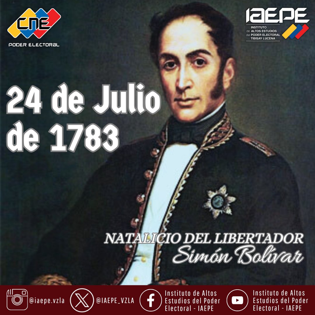El <a href="/IAEPE_VZLA/">INSTITUTO DE ALTOS ESTUDIOS DEL PODER ELECTORAL</a> celebra la efeméride nacional el Natalicio del Libertador Simón Bolívar a sus 241 años del nacimiento del padre de la patria!

"La libertad es el único objetivo digno del sacrificio de la vida de los hombres". Simón Bolívar

#efemérides #efeméridesnacional
