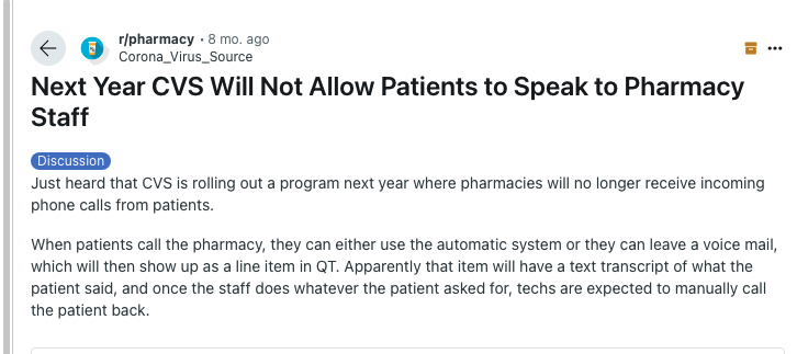 matthewstoller's tweet photo. CVS is going to stop all phone customer service. Not just that, but calls from patients will now be transcribed via generative AI and routed to pharmacists. Hope there are no errors here's your medicine!

Efficiency! https://t.co/UhuJQktgst