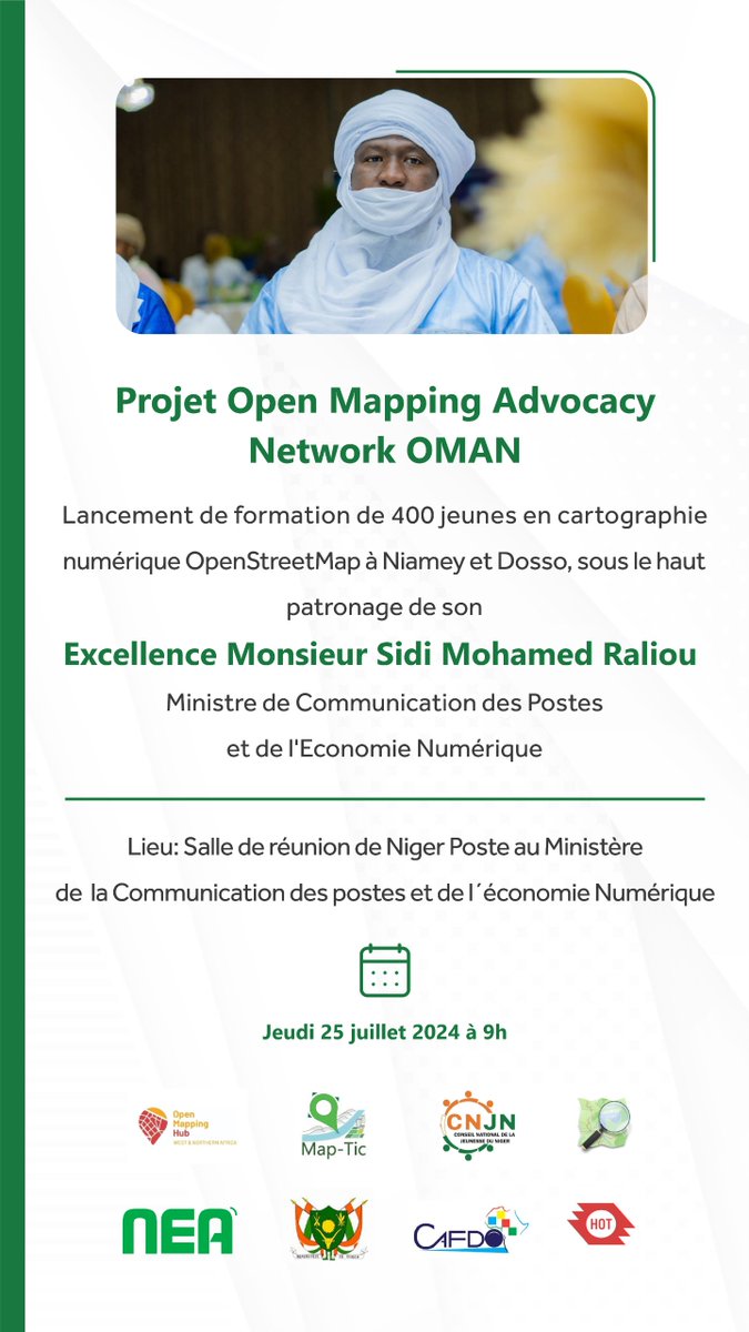 Maptic Niger, in collaboration with WNAH and under the patronage of the Ministry of Communication, Posts, and Digital Economy of Niger, is launching training sessions this Thursday, July 25, 2024, at the Ministry's meeting room. 

#ProjetOMAN #WNAH #HOT #OSM