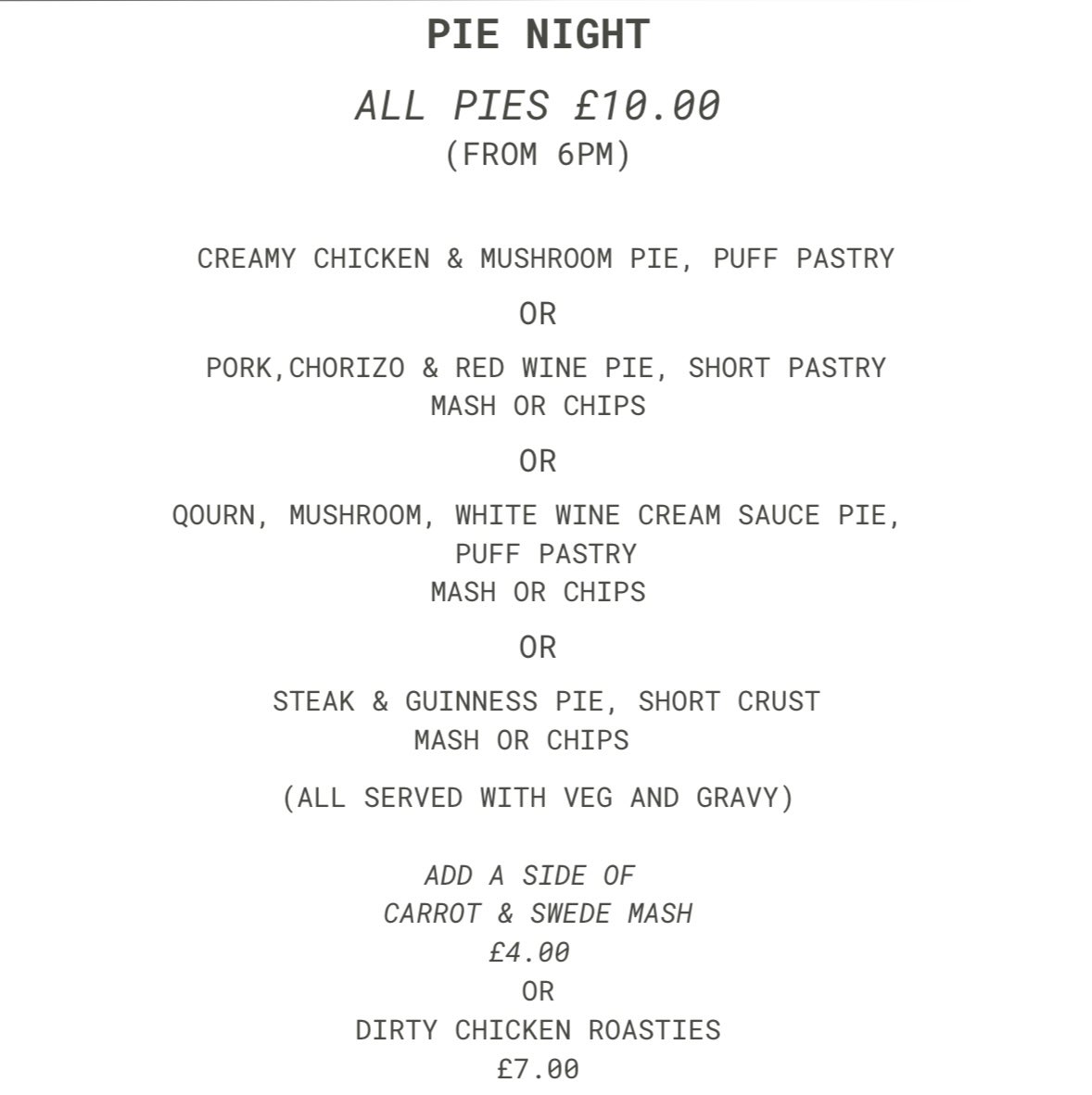 It’s Wednesday so it’s Pie Night here at The Fox🦊 

Join us for a mouthwatering, homemade pie, chips or mash, veg &amp; gravy for just £10💪🏼

No need to book - walk-ins welcome. 

We hope to serve you later…

#thefriendlyfox #thefox #bassaleg #newport #pienight #homemadepies #food
