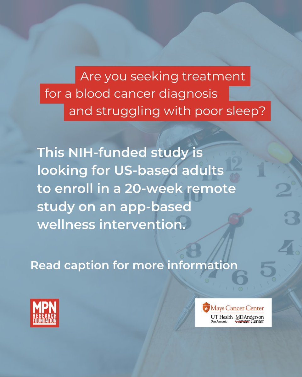 Struggling with sleep due to blood cancer? Join an 8-week digital wellness study by #MaysCancerCenter. US adults can participate remotely. Help advance research! 

Learn more: cancer.uthscsa.edu/heme-study
Screening survey: redcap.link/hemescreening