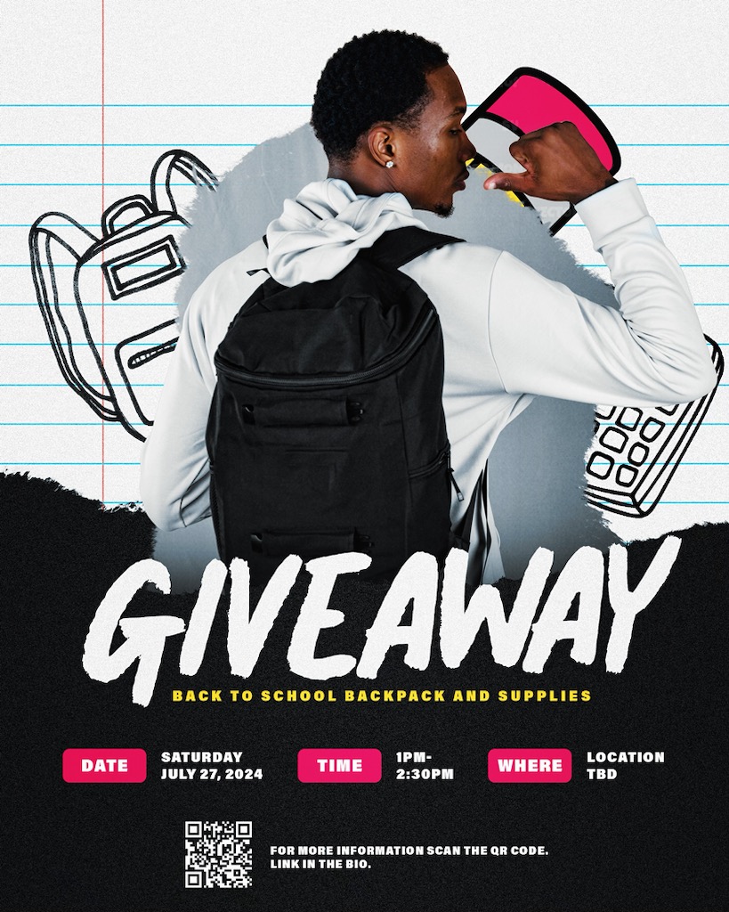 🙌🏼💯 Mark your Calendars ✅
🍎📚BACK TO SCHOOL 🏫 GIVE AWAY📚🍎🏫
🚨 You have to Register ‼️ 
🔔 Limited Spots Available 
🗓️ Saturday, July 27, 2024
⏰ 1:00 PM - 2:30 PM - Location : TBD (DFW)
Scan the QR Code below or follow the link:
form.jotform.com/242020882883155
