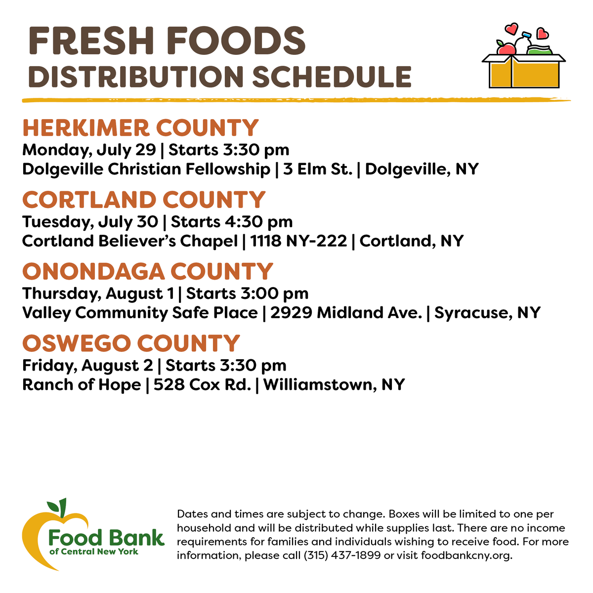 FoodBankofCNY's tweet photo. In need of fresh food items at no cost? Here's this week's distributions!
โ
๐Mobile Food Pantry: #PortByron, #Canastota, #Cuyler, #SouthOtselic & #Parish.
โ
๐Partner Distributions: #Dolgeville, #Cortland, #Syracuse & #Williamstown.
โ
Food Finder: https://t.co/vZGHeanRyO https://t.co/8DulDQNGxL