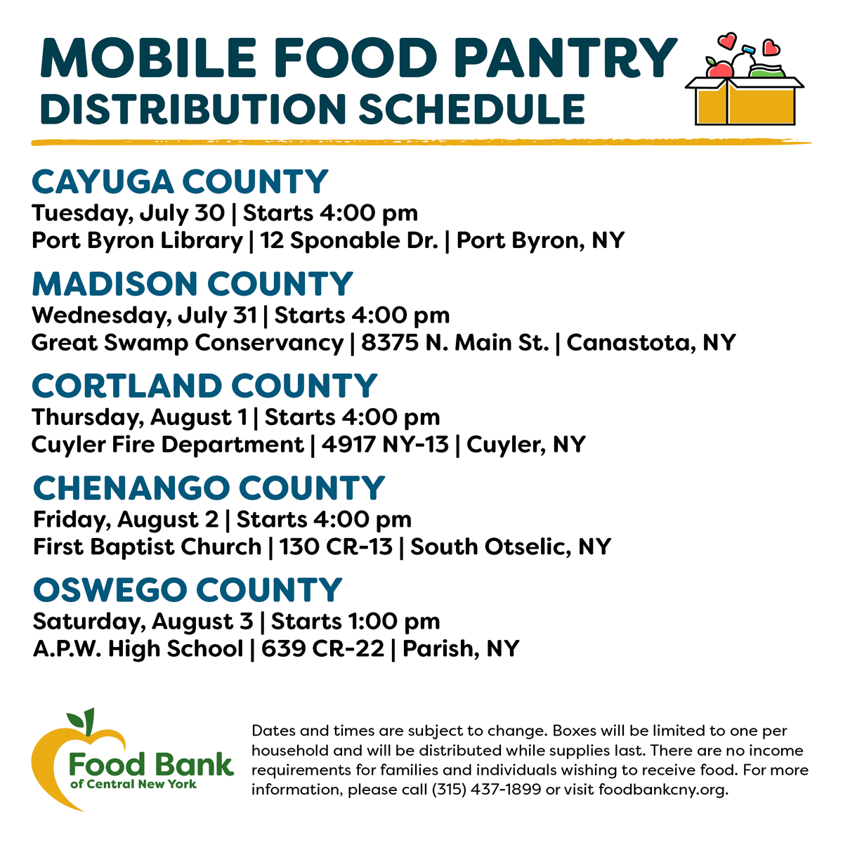 FoodBankofCNY's tweet photo. In need of fresh food items at no cost? Here's this week's distributions!
โ
๐Mobile Food Pantry: #PortByron, #Canastota, #Cuyler, #SouthOtselic & #Parish.
โ
๐Partner Distributions: #Dolgeville, #Cortland, #Syracuse & #Williamstown.
โ
Food Finder: https://t.co/vZGHeanRyO https://t.co/8DulDQNGxL