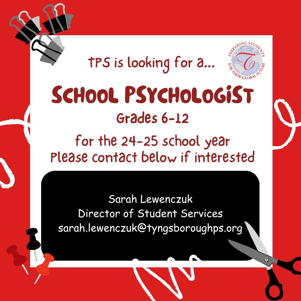 Tyngsborough Public Schools is looking to hire a School Psychologist for grades 6-12! 

If interested please forward your letter of interest, resume, proof of licensure &amp; three letters of recommendation to: sarah.lewenczuk@tyngsboroughps.org #tpsprepares #nowhiring