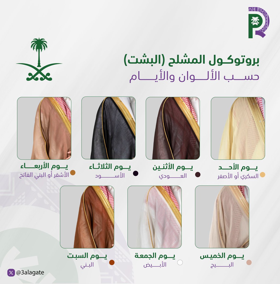 البروتوكول الرسمي لارتداء المشلح (البشت) في المملكة العربية السعودية يشمل تعيين ألوان مختلفة لكل يوم من أيام الأسبوع.

#العلاقات_العامة
#بروتوكول_المشلح