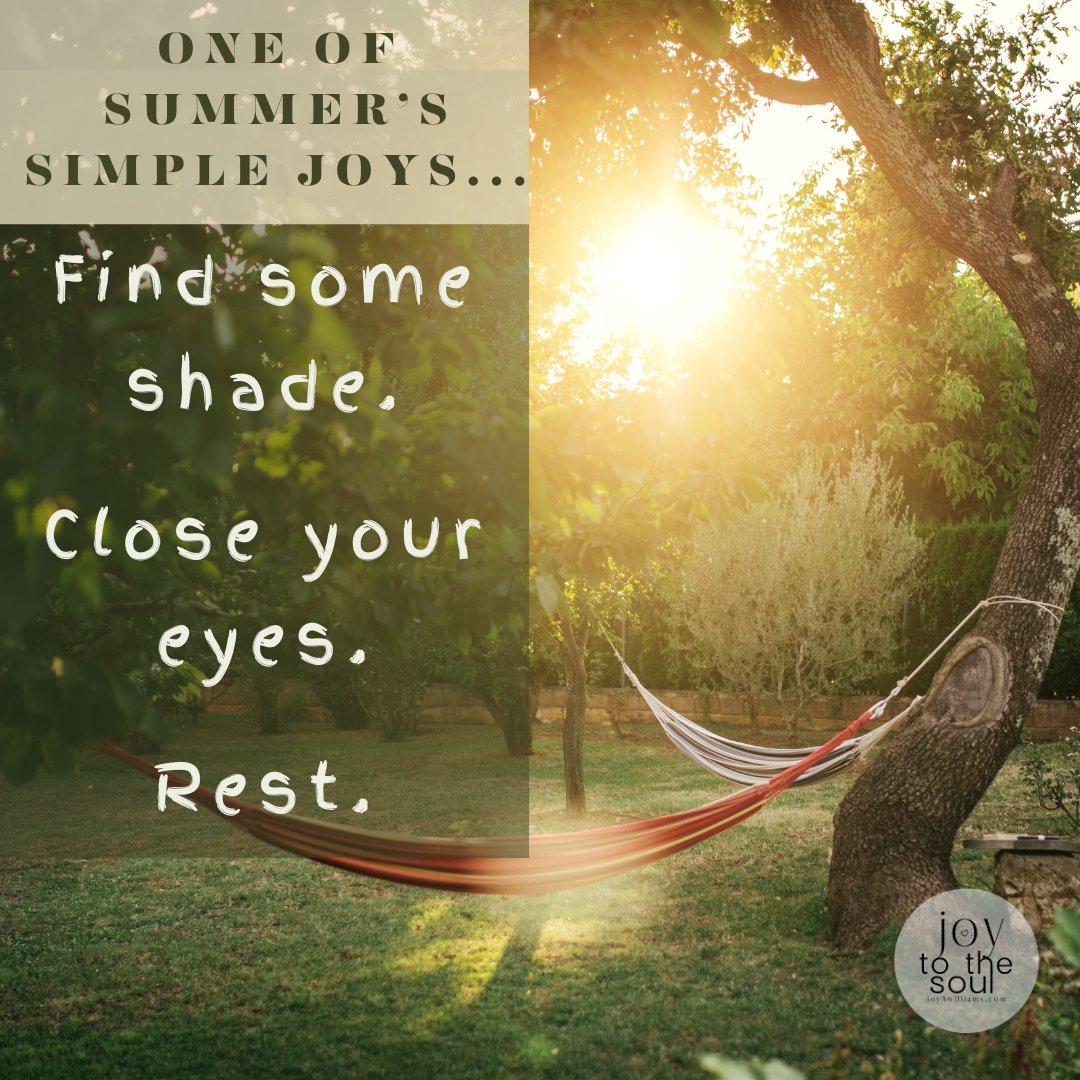 As we feel summer’s breeze, watch summer’s rain or seek refuge from the heat of the day, there is an invitation in it all. 

The Creator of it all calls to us to find one of summer’s simple joys. Find some shade. Close your eyes. Rest. In Him. #summer #rest