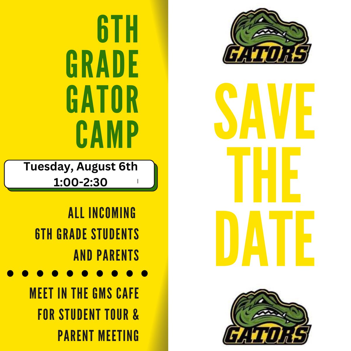Only one more week! 🐊

📢6th graders and their parents
📅Tuesday, Aug 6
⏲️1 - 2:30 
📍GMS Cafe