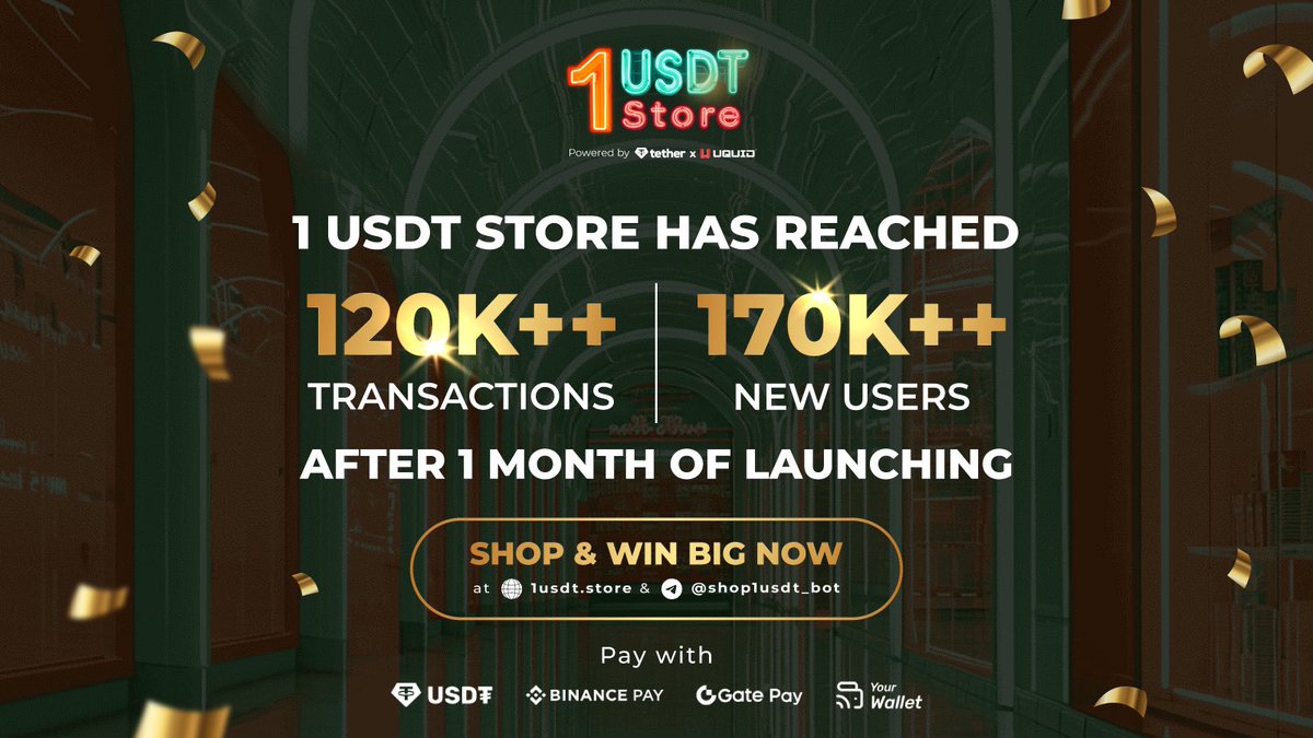 uquidcard's tweet photo. 🚀 1 USDT Store BLASTS OFF! 🚀We're blown away! Just 1 month after launch, the 1 USDT Store - powered by Uquid & Tether - has rocketed to 120+ transactions and welcomed a whopping 170K+ new users! 🎉🛍️What's the secret sauce? It's a winning combo of:💪 The stability and reliability of USDT make it the ideal stablecoin for Web3 shopping. Kudos to @tether for their excellent support! ✨ Unbeatable value: A diverse range of products, from digital goodies to everyday essentials, all priced at a crazy-low 1 USDT!🎁 Thrilling extras: Take a shot at the Lucky Spin for a chance to win a slice of the massive 30,000 USDT prize pool! Or try your luck with the Mystery Box - spend 1 USDT and unlock a chance to win up to 100 USDT!🌐 Flexibility & Convenience: We don't play favorites when it comes to blockchains! 1 USDT Store lets you shop using @Trondao, @ton_blockchain, or @Ethereum. Plus, our payment options are top-notch: Ton Wallet, @Binance Pay, @Gate_pay2022, and Web3 Wallet via @WalletConnect.HUGE thanks to our incredible community! 🙌 Here’s to many more milestones together! 🌟👉 Shop & Win BIG with 1 USDT Store at https://t.co/L4qPMSA1TW & @shop1usdt_bot on Telegram#Uquid #1USDTStore #CryptoShopping #Web3Community