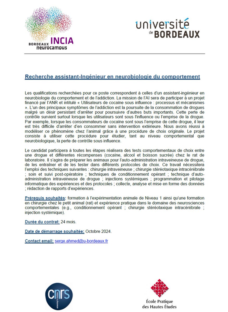 🍒 Serge Ahmed 🍒 @sergeahmed.bsky.social (@sergeahmed) on Twitter photo Nous recherchons un assistant ingénieur en neurobiologie du comportement pour une durée d'au moins 24 mois à compter du 1er octobre 2024 👇
Merci de RT 🙏
<a href="/univbordeaux/">Université de Bordeaux</a> <a href="/Neuro_Bordeaux/">Bordeaux Neurocampus</a> Nous recherchons un assistant ingénieur en neurobiologie du comportement pour une durée d'au moins 24 mois à compter du 1er octobre 2024 👇
Merci de RT 🙏
<a href="/univbordeaux/">Université de Bordeaux</a> <a href="/Neuro_Bordeaux/">Bordeaux Neurocampus</a>