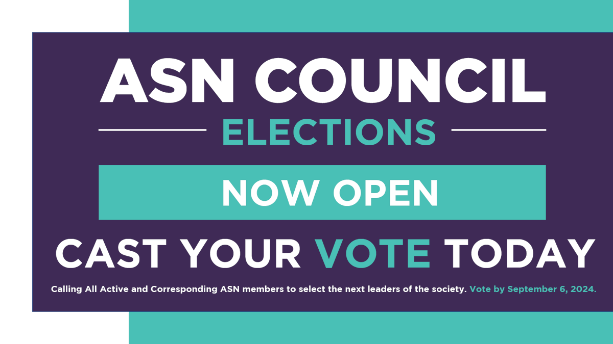 ASNKidney's tweet photo. ASN Council Elections are now open! Cast your vote for the next ASN Executive Councilor and ASN At-Large Councilor to help shape the future of the society.

Submit your ballot: https://t.co/3GhaF2cnS9

#NephTwitter https://t.co/vltPXGFoxo