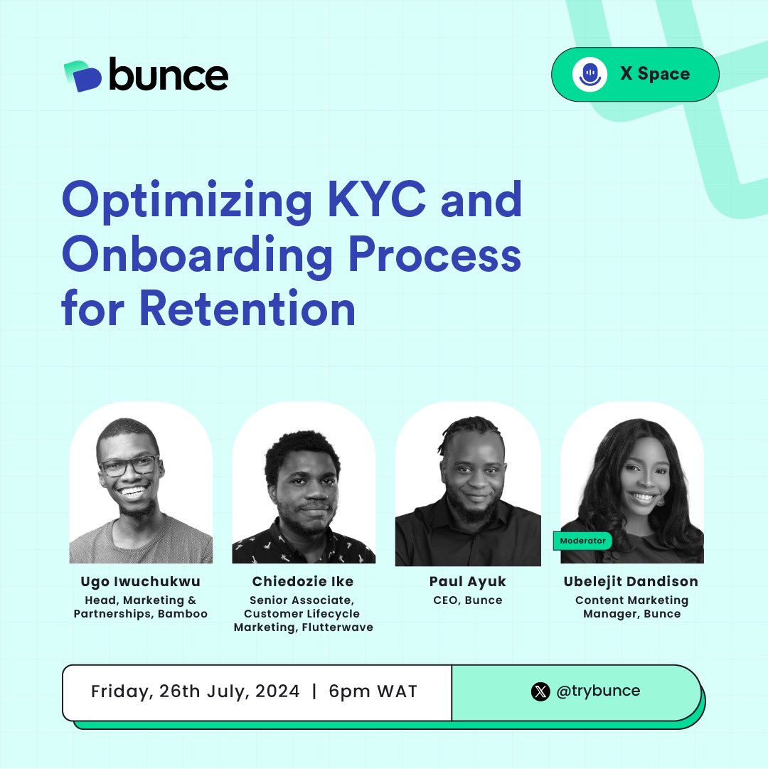 trybunce's tweet photo. Join Chiedozie Ike @DzRufus, Senior Associate, Customer Lifecycle Marketing, Flutterwave, and Ugo Iwuchukwu @UgoTalksAlot, Head of Marketing and Partnerships, Bamboo, Paul Ayuk @paulayukk, CEO, Bunce, and Ubelejit Dandison @UbelejitD, Content Marketing Manager, Bunce. https://t.co/kFjQQUE26U