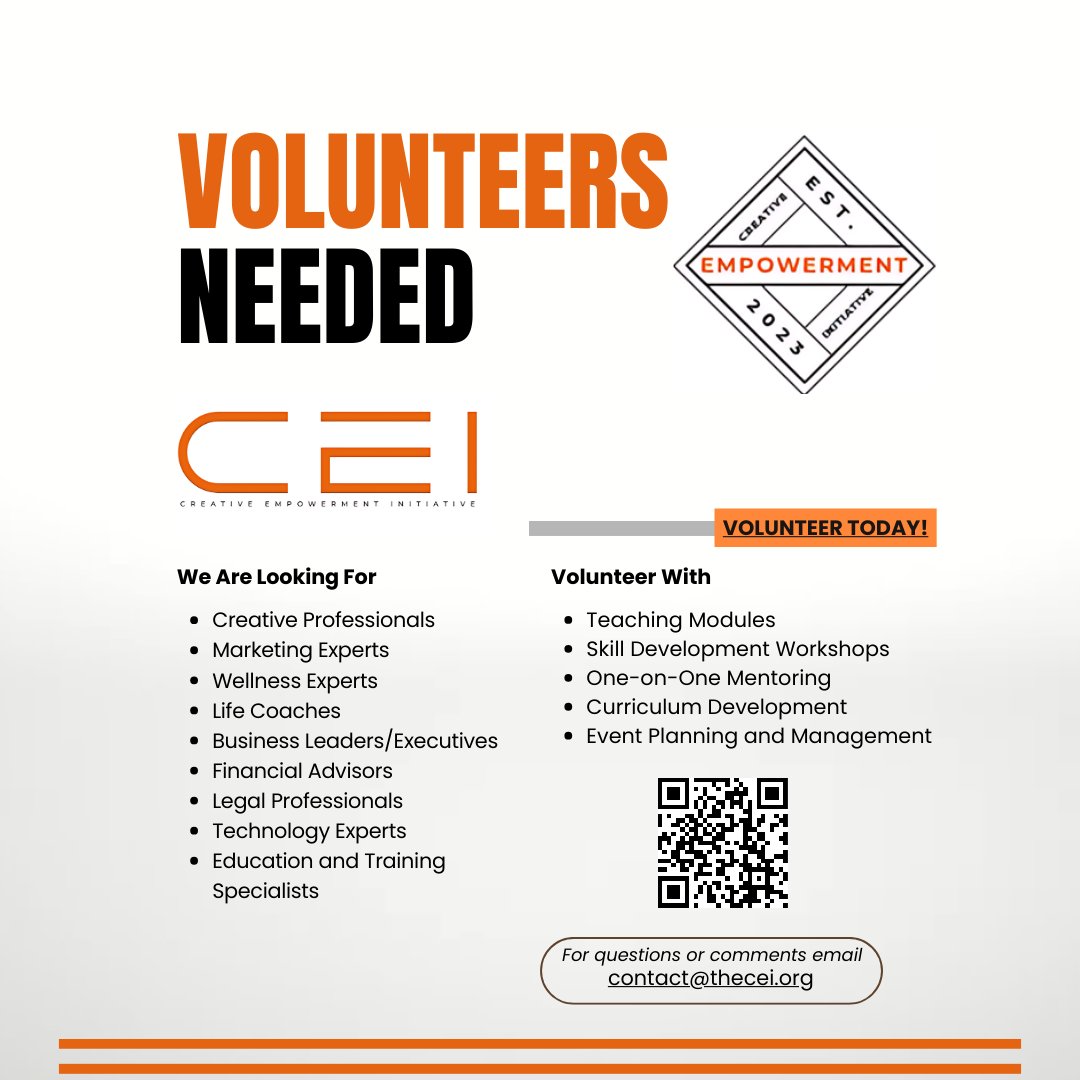 THEREALCEI_'s tweet image. Passionate about creativity and business?🤝 We need volunteers to mentor, teach, and support our creative professionals! 📝 Join #ProjectLAB and help us grow.  thecei.org #Volunteer #CEI #CreativeGrowth #CreativeEmpowermentInitiative #QuadCityArts