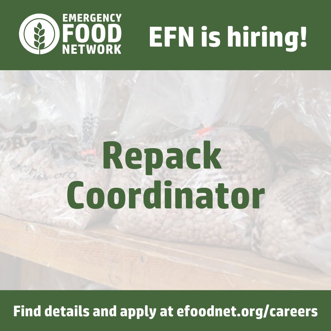 Join our team as Repack Coordinator! This position leads our essential repack program - if you enjoy interacting volunteers and have warehouse experience, we want you! Apply at efoodnet.org/careers.