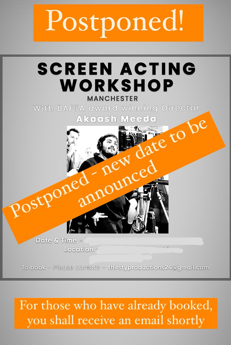 The Manchester acting workshop that I had planned this weekend has had to be postponed due to a scheduling conflict :( Sorry about this. Once the new date is set I'll be sure to let people know!