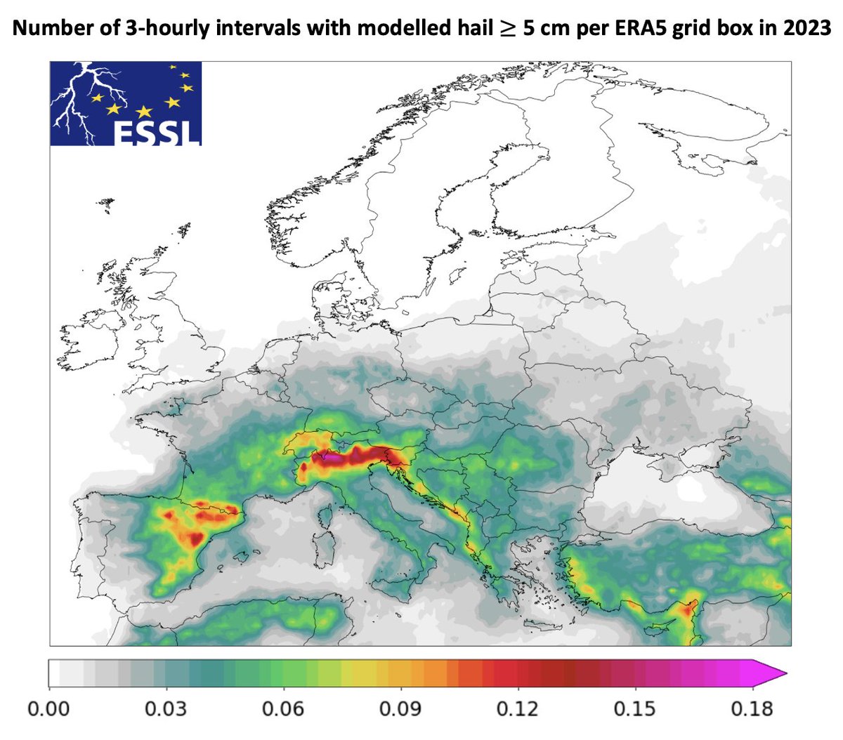 Today is the one year anniversary of the EU hail record of 19 cm! N Italy was the region most affected by hailstorms in that year, confirmed by the ARCHaMo applied to the ERA5 reanalysis. The modelled frequency of  hail ≥ 5 cm for 2023 was 93.5% above the 1979-2023 average.