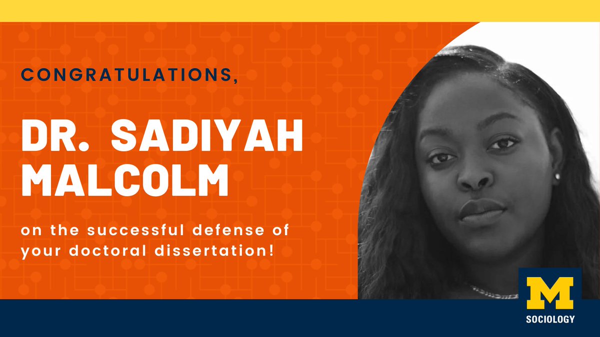 Michigan Sociology (@umsociology) on Twitter photo Congratulations, Dr. Sadiyah Malcolm! 🥳
Yesterday, Dr. Malcolm defended her dissertation, "‘Yuh Tink Yah Big Ooman’?: Power, Violence, and the Transition to Adulthood in Kingston, Jamaica."
We wish you the best in your journey to <a href="/UMassAmherst/">UMass Amherst</a>, <a href="/_SmallAxe_/">Sadiyah Malcolm-Wallace | BlackGirlhoodSociologist</a>! Congratulations, Dr. Sadiyah Malcolm! 🥳
Yesterday, Dr. Malcolm defended her dissertation, "‘Yuh Tink Yah Big Ooman’?: Power, Violence, and the Transition to Adulthood in Kingston, Jamaica."
We wish you the best in your journey to <a href="/UMassAmherst/">UMass Amherst</a>, <a href="/_SmallAxe_/">Sadiyah Malcolm-Wallace | BlackGirlhoodSociologist</a>!