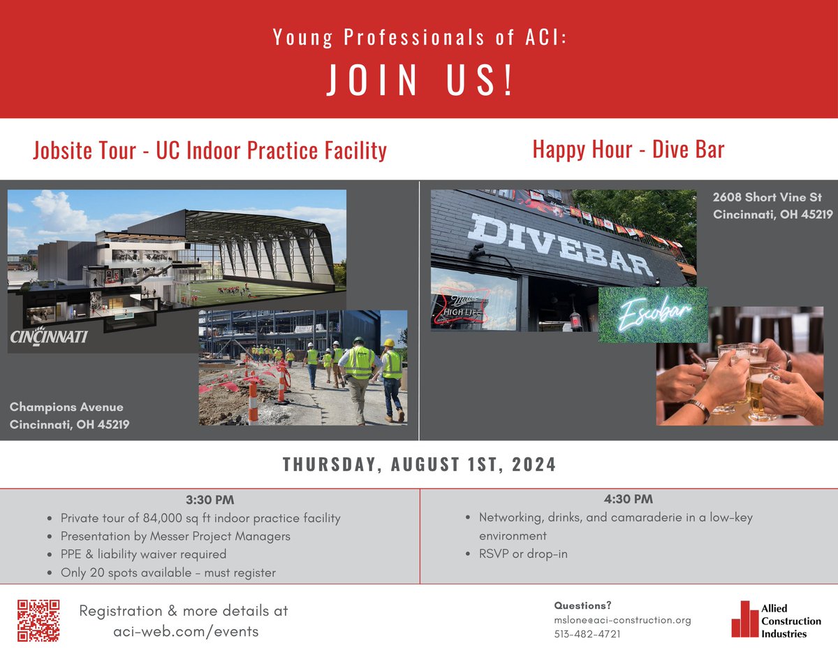 Allied Construction Industries (@aci_cincinnati) on Twitter photo Calling all Young Professionals, ACI has two exclusive events for you on Thursday, August 1st! 
3:30 pm - Jobsite Tour of UC's Indoor Practice Facility
4:30 pm - YP Happy Hour at Dive Bar 
Details and registration at aci-web.com/events
#YoungProfessionals #GoBearcats Calling all Young Professionals, ACI has two exclusive events for you on Thursday, August 1st! 
3:30 pm - Jobsite Tour of UC's Indoor Practice Facility
4:30 pm - YP Happy Hour at Dive Bar 
Details and registration at aci-web.com/events
#YoungProfessionals #GoBearcats