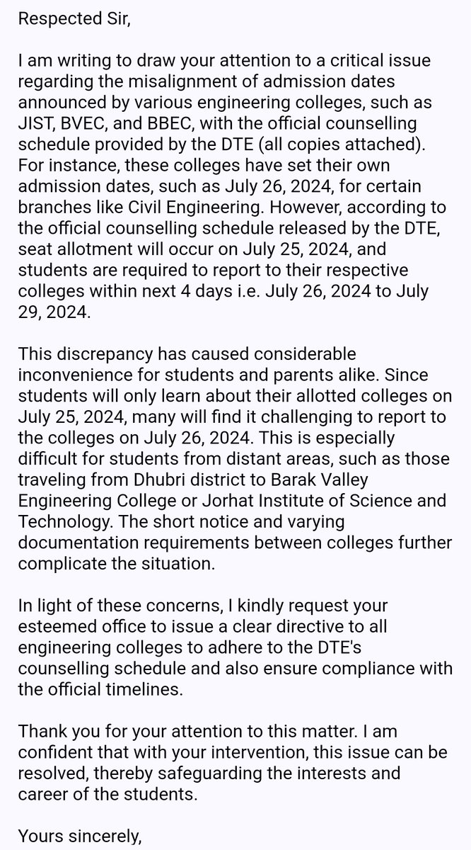 pauldebojit34's tweet photo. @himantabiswa Engg colleges JIST,BVEC,&amp;BBEC have set admission dates without adhering to DTE's counselling schedule.Students are allocated seats on July25, 2024 but colleges require them to report on July26. This causes major inconvenience for those traveling from distant areas https://t.co/q1RuZ86x0X