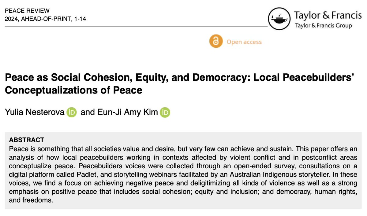 📢 New research out (open access)!

Read about how peacebuilders in diverse conflict-affected contexts define peace. 

#SDG16 #peace 

🔗tandfonline.com/doi/full/10.10…

with <a href="/amylase039/">Eun-Ji Amy Kim Ph.D</a>
