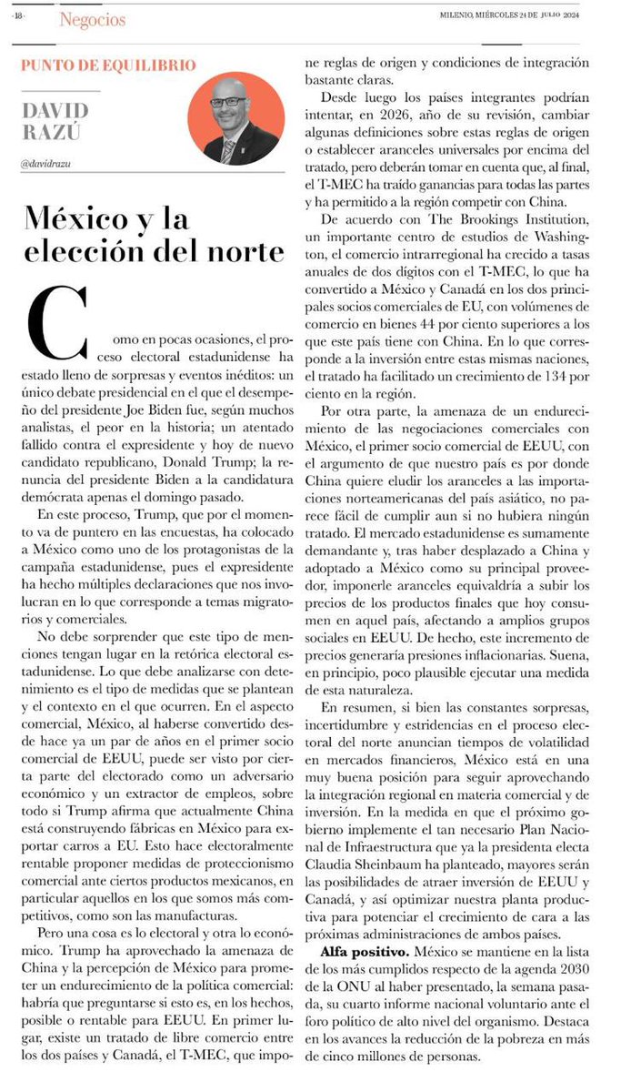 DavidRazu's tweet photo. El proceso electoral de EEUU ha estado lleno de sorpresas. Lo que no sorprende es que Mx sea puesto como adversario y haya discursos amenazantes. Las amenazas comerciales, sin embargo, no son creíbles por ahora. Sobre eso #PuntoDeEquilibrio hoy en @Milenio https://t.co/g6Mo2uukkS https://t.co/0P8XtKmSJC