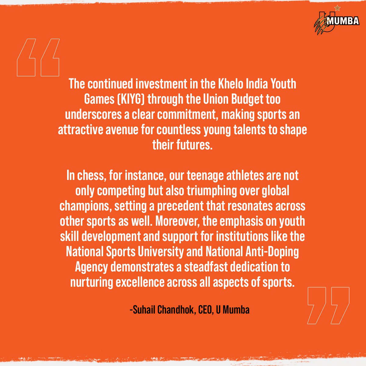 umumba's tweet image. “By committing to making sports appealing for young talents in the country, the support from this Union Budget will give a big boost.”

Our CEO, @suhailchandhok , shares his positive reaction to the recent Union Budget.

#UMumba l #MumbaMasters l #UMumbaTT l #आमचीMumba…