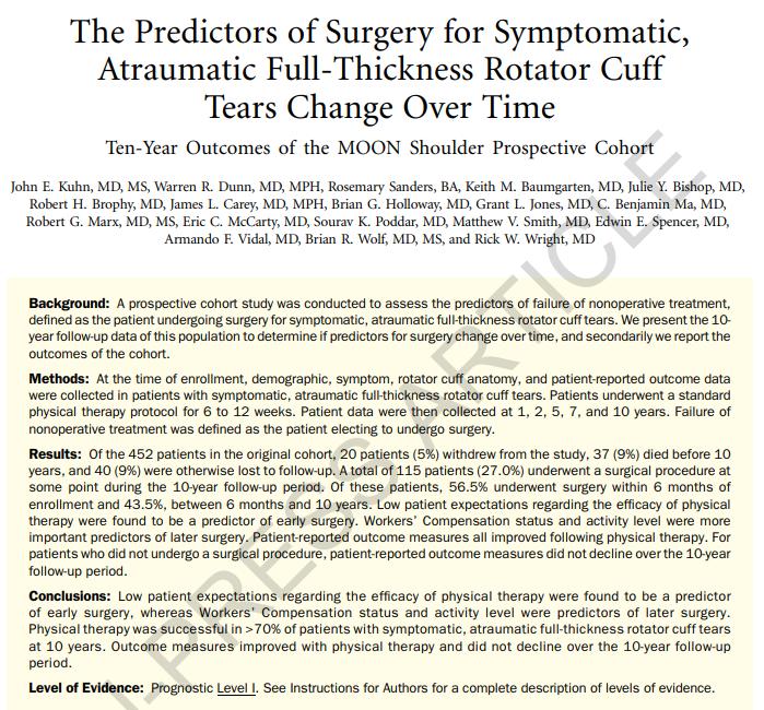 kcrehabguy's tweet photo. Interesting paper out of @jbjs. Patients with low expectations trended towards surgery, yet PT effective for almost 75% at 10 yrs. Lotsa power in that brain and what people think. Maybe what we say can be influential. https://t.co/sJzZW9pbo1