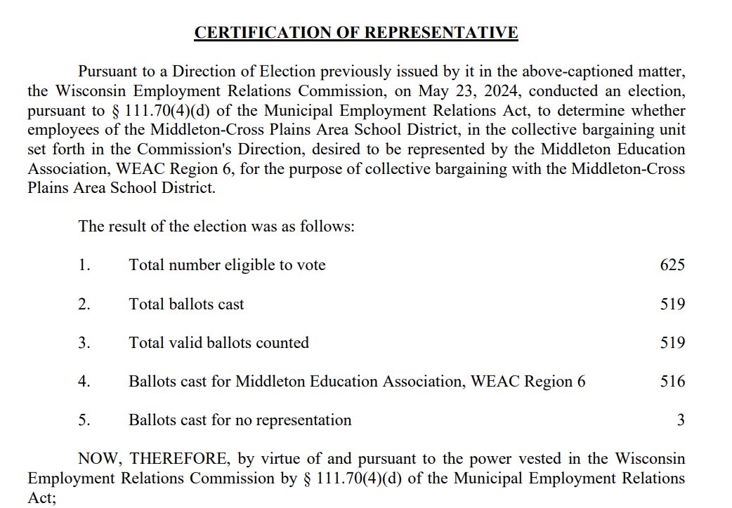 NEW: 625 teachers in Middleton Wisconsin, a city just outside Madison, voted 516-3 to form a union and join <a href="/NEAToday/">NEA</a> <a href="/WEAC/">WEAC</a>.

This is one of the largest teachers unions to form during <a href="/GovEvers/">Governor Tony Evers</a>' tenure.