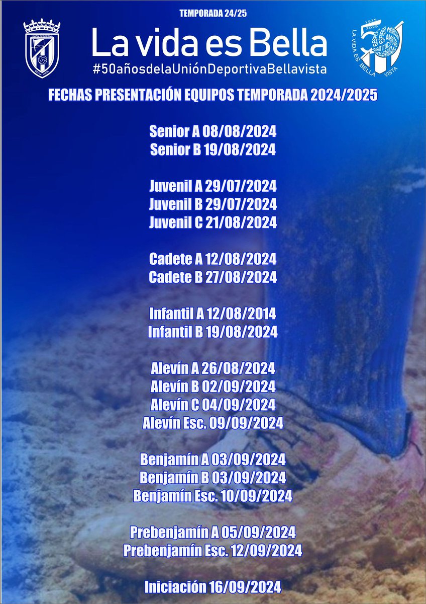 📅💙AZULESSSS💙📅

Cómo van esos nervios? Ganas de que arranque la nueva Temporada 2024/2025?

Pues aquí os dejamos las fechas de las presentaciones de todos nuestros equipos!!!

#50añosdelaUniónDeportivaBellavista