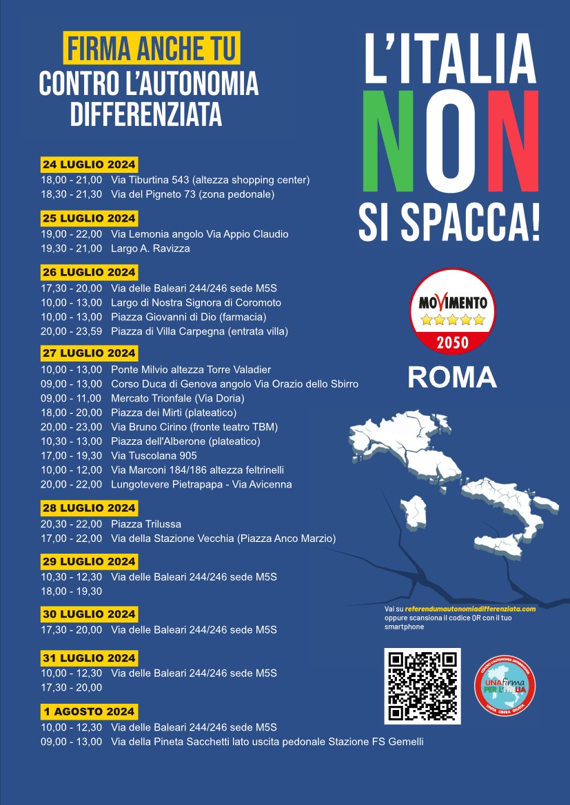 Firma anche tu per il Referendum contro l’Autonomia differenziata.
Questi i punti di Roma in cui, nei prossimi giorni, ci sarà la raccolta firme.