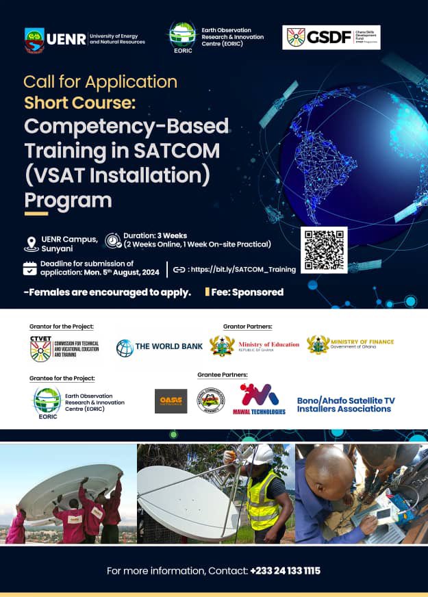 uenrofficial's tweet photo. Boost your skills in satellite communications! 

Apply now for our Competency-Based Training in SATCOM (VSAT Installation) program at UENR campus! 

Deadline: 5th August 2024 

Don't miss this opportunity to enhance your career in telecoms and ICT
#Uenr #Uenrishome https://t.co/2cj1vhVOkC