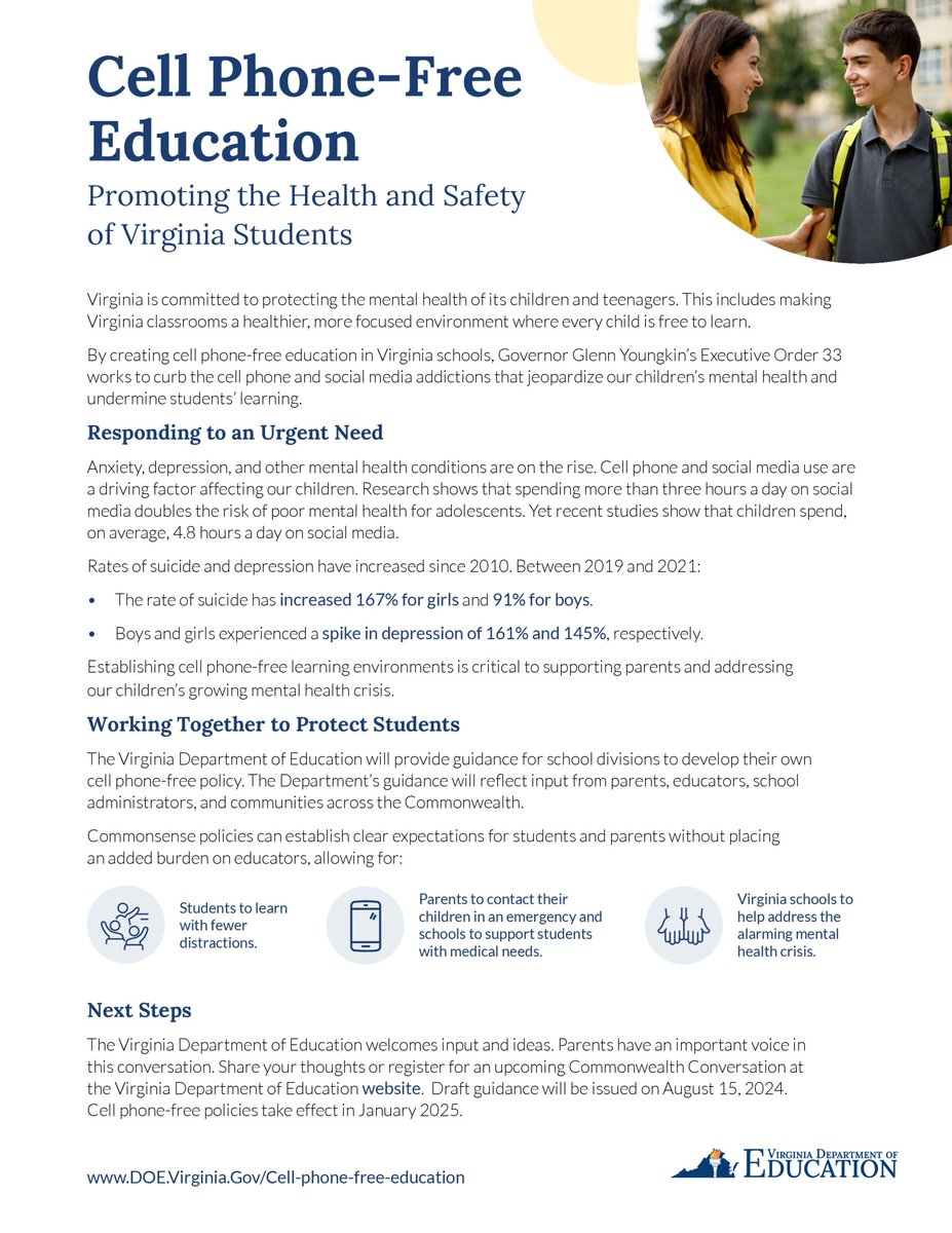 VDOE is committed to protecting the mental health of our students. This includes making Virginia classrooms a healthier, more focused environment where every child is free to learn.

Learn more: ow.ly/vXzW50SJai1